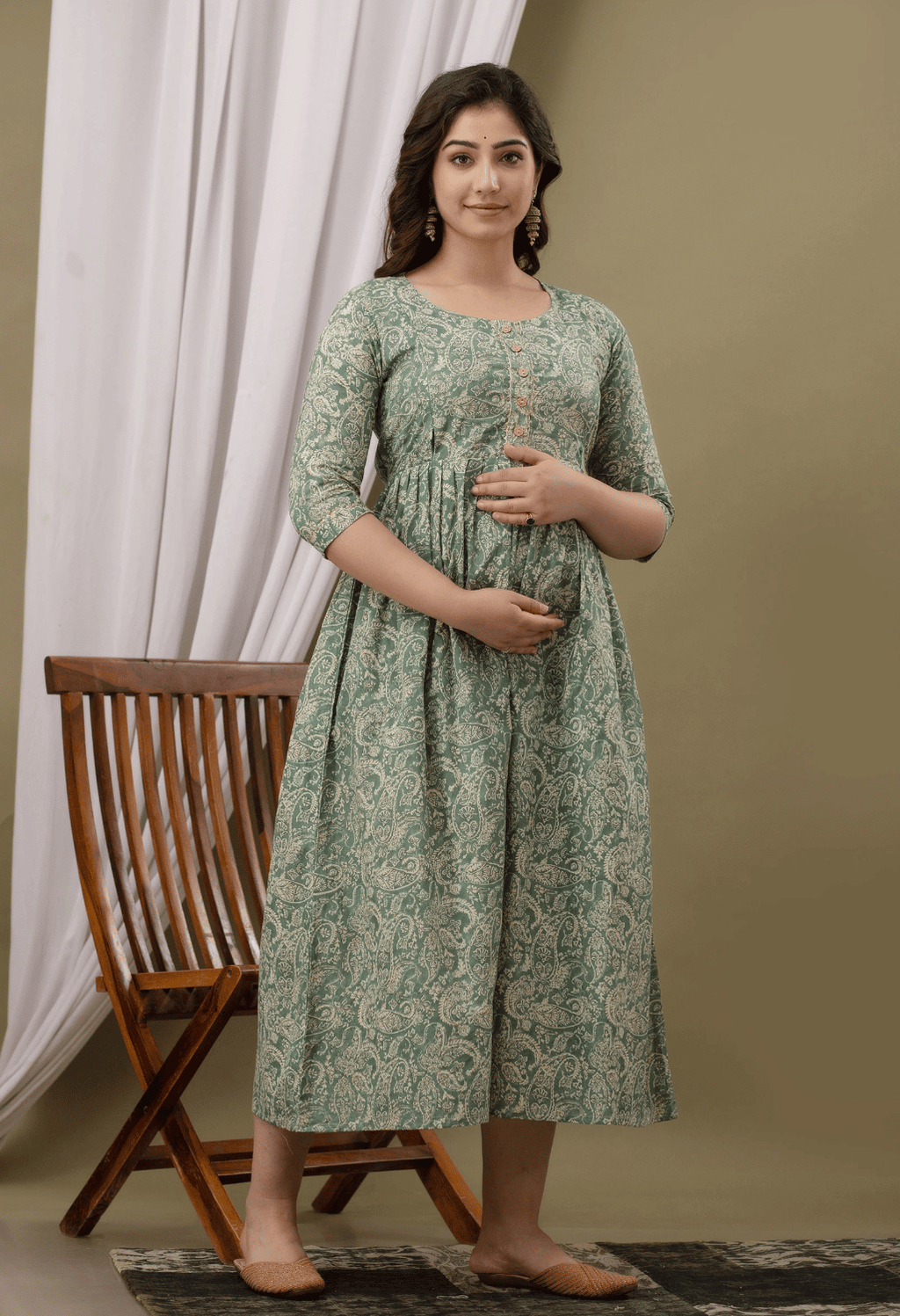 Sage Green Paisley Printed Viscose Rayon Maternity & Feeding Maxi Dress