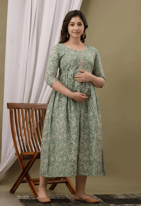 Sage Green Paisley Printed Viscose Rayon Maternity & Feeding Maxi Dress