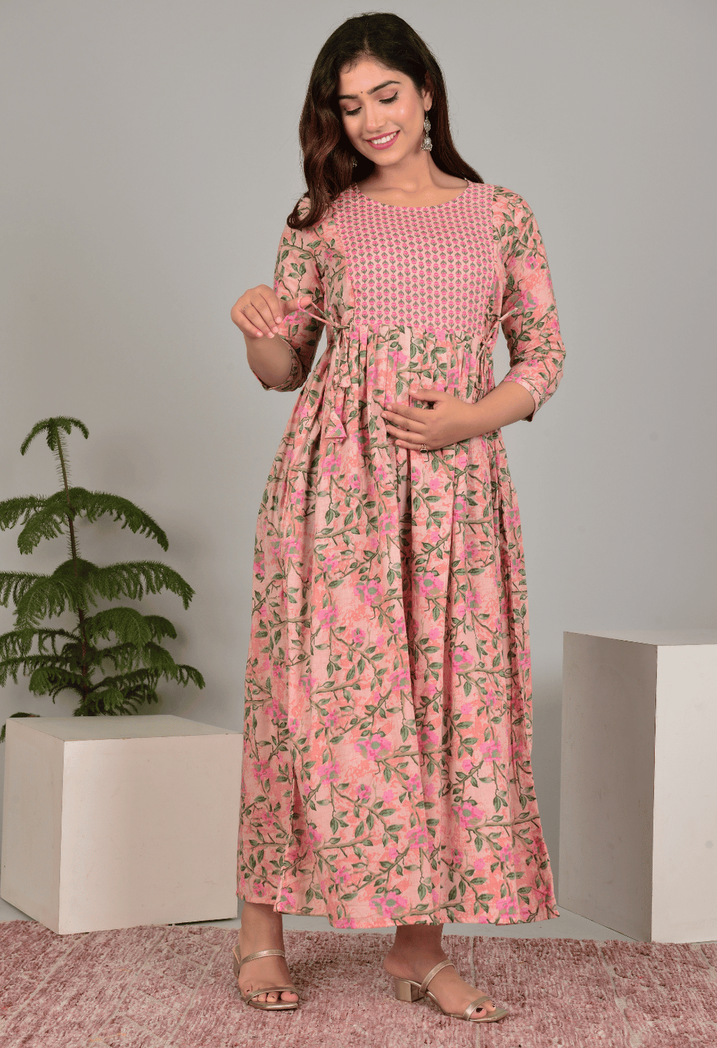 Peach Floral Printed Viscose Rayon Maternity & Feeding Maxi Dress