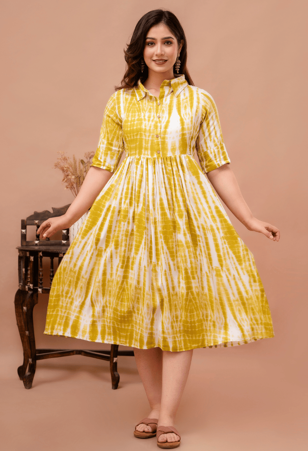 Mustard Yellow Shibori Printed Collared Viscose Rayon Maternity & Feeding Midi Dress