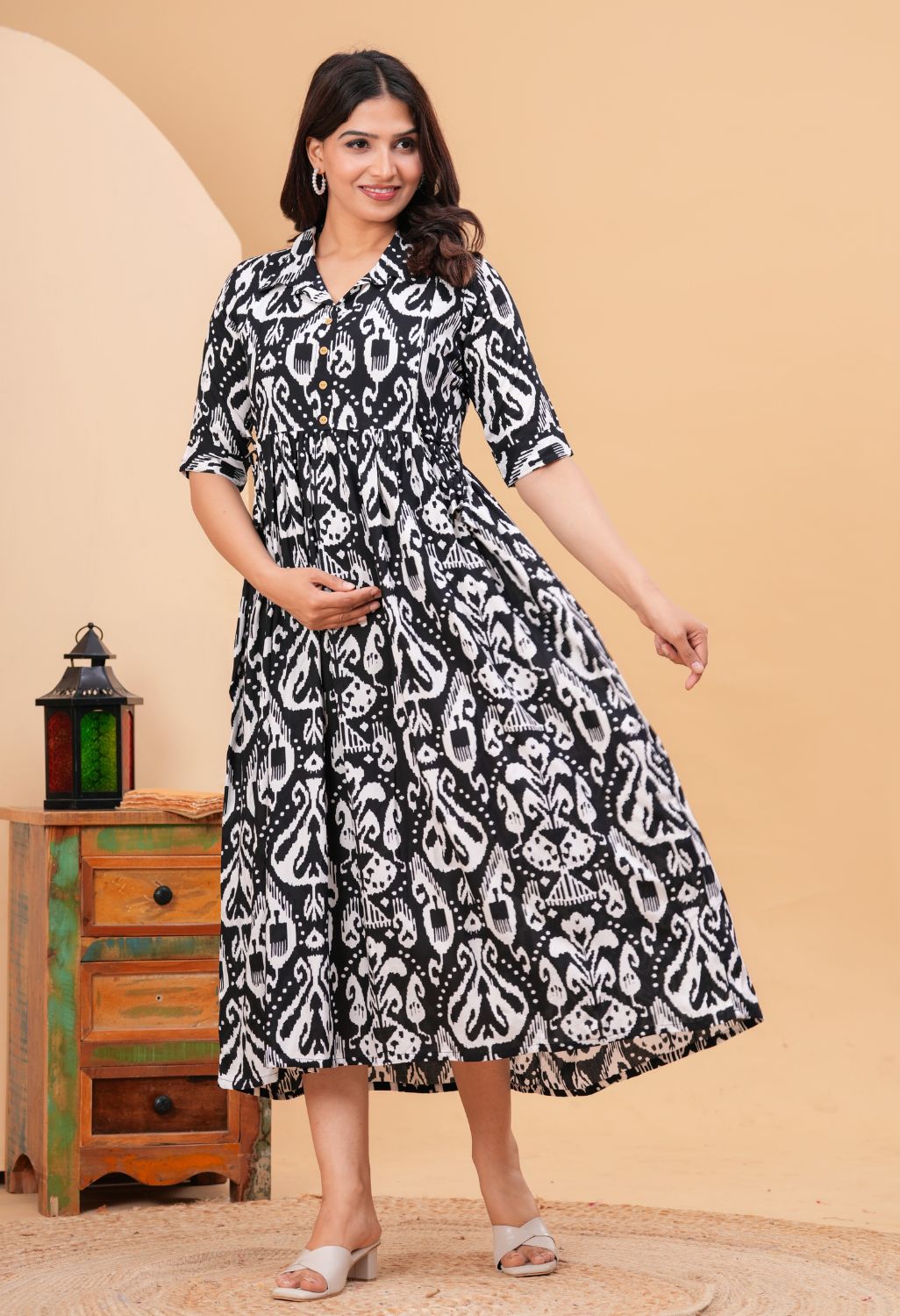 Black Ikat Printed Collared Viscose Rayon Maternity & Feeding Midi Dress