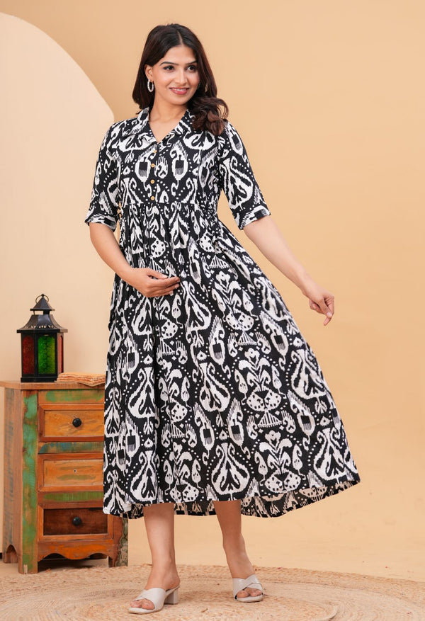 Black Ikat Printed Collared Viscose Rayon Maternity & Feeding Midi Dress