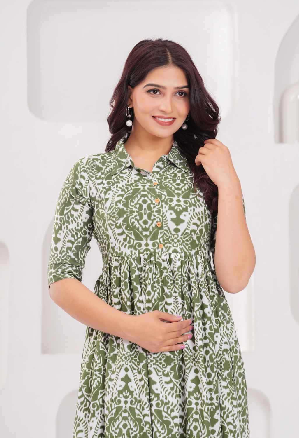 Olive Green Abstract Printed Collared Viscose Rayon Maternity & Feeding Midi Dress
