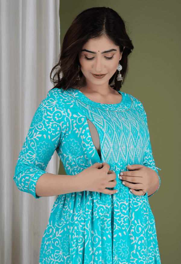 Turquoise Blue Floral Printed Viscose Rayon Maternity & Feeding Maxi Dress