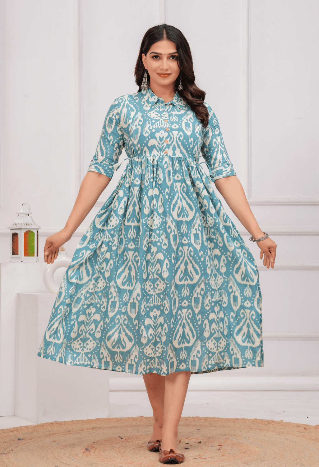 Sky Blue Ikat Printed Collared Viscose Rayon Maternity & Feeding Midi Dress