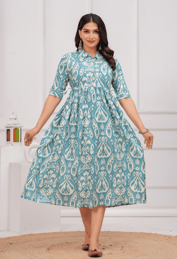 Sky Blue Ikat Printed Collared Viscose Rayon Maternity & Feeding Midi Dress