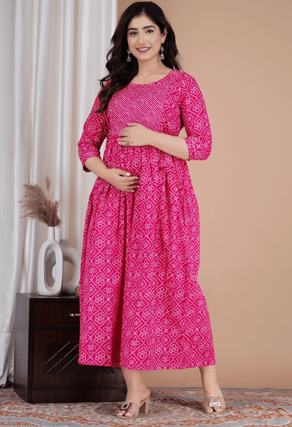 Pink Bandhani Printed Viscose Rayon Maternity & Feeding Maxi Dress
