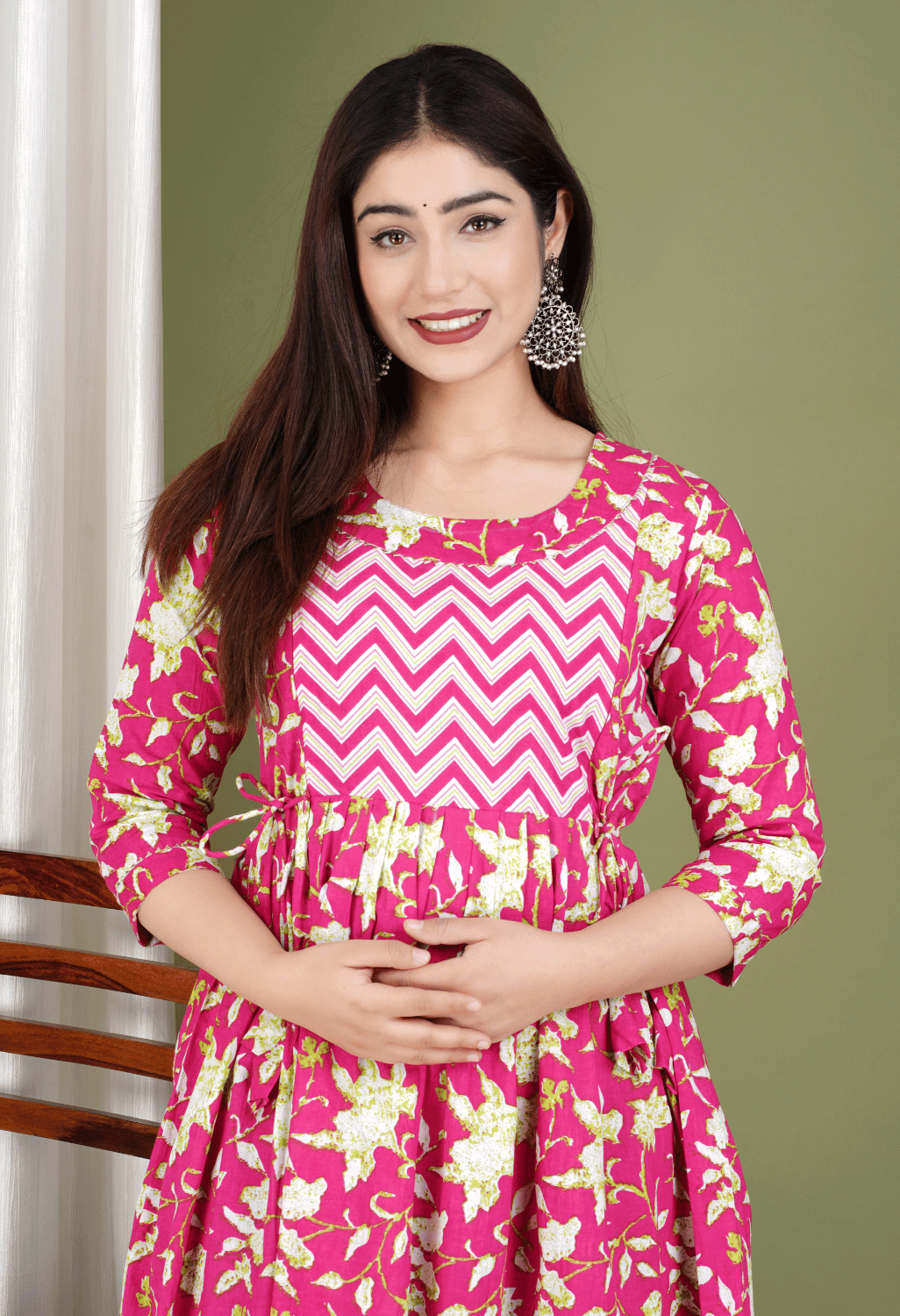 Pink Floral Printed Viscose Rayon Maternity & Feeding Midi Dress