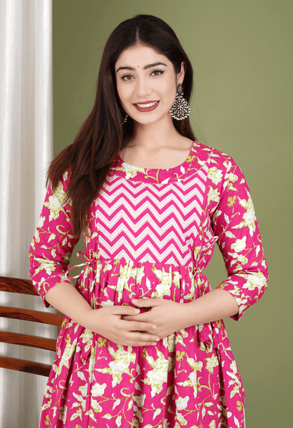 Pink Floral Printed Viscose Rayon Maternity & Feeding Midi Dress