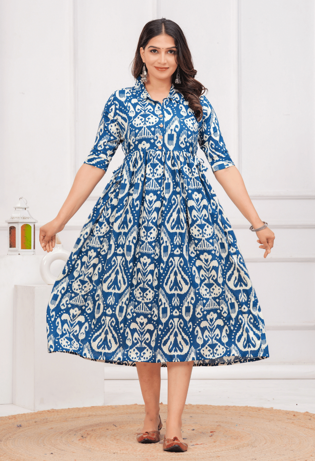 Royal Blue Ikat Printed Collared Viscose Rayon Maternity & Feeding Midi Dress