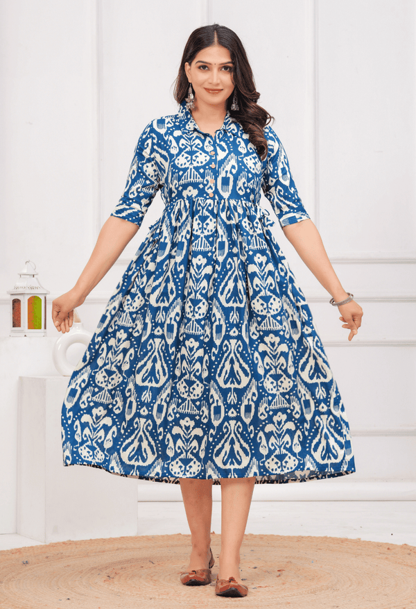 Royal Blue Ikat Printed Collared Viscose Rayon Maternity & Feeding Midi Dress