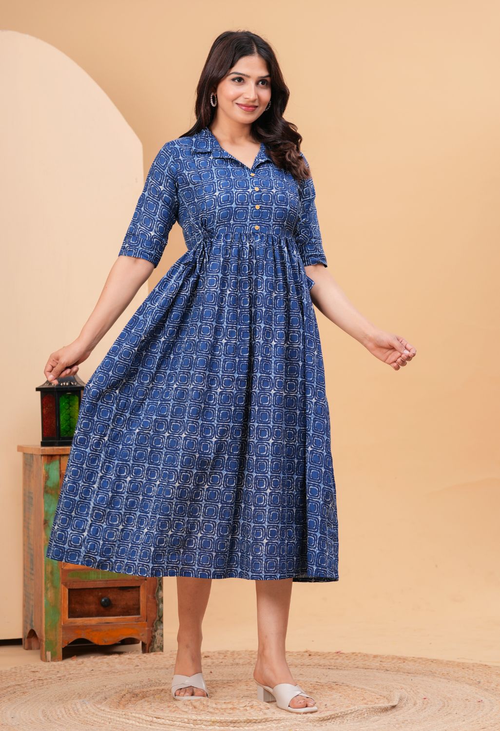 Indigo Geometric Printed Collared Viscose Rayon Maternity & Feeding Midi Dress