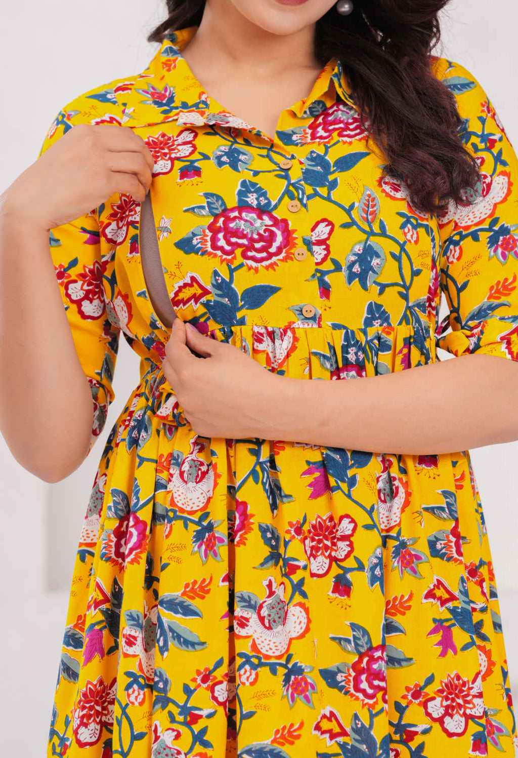 Mustard Yellow Floral Printed Collared Viscose Rayon Maternity & Feeding Midi Dress