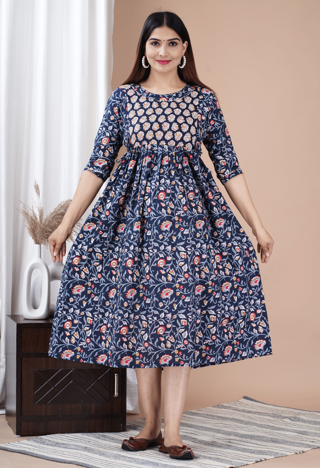 Navy Blue Floral Printed Viscose Rayon Maternity & Feeding Midi Dress Main image