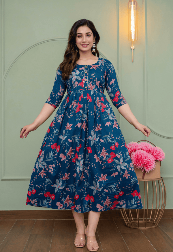 Navy Blue Botanical Floral Printed Viscose Rayon Maternity & Feeding Maxi Dress