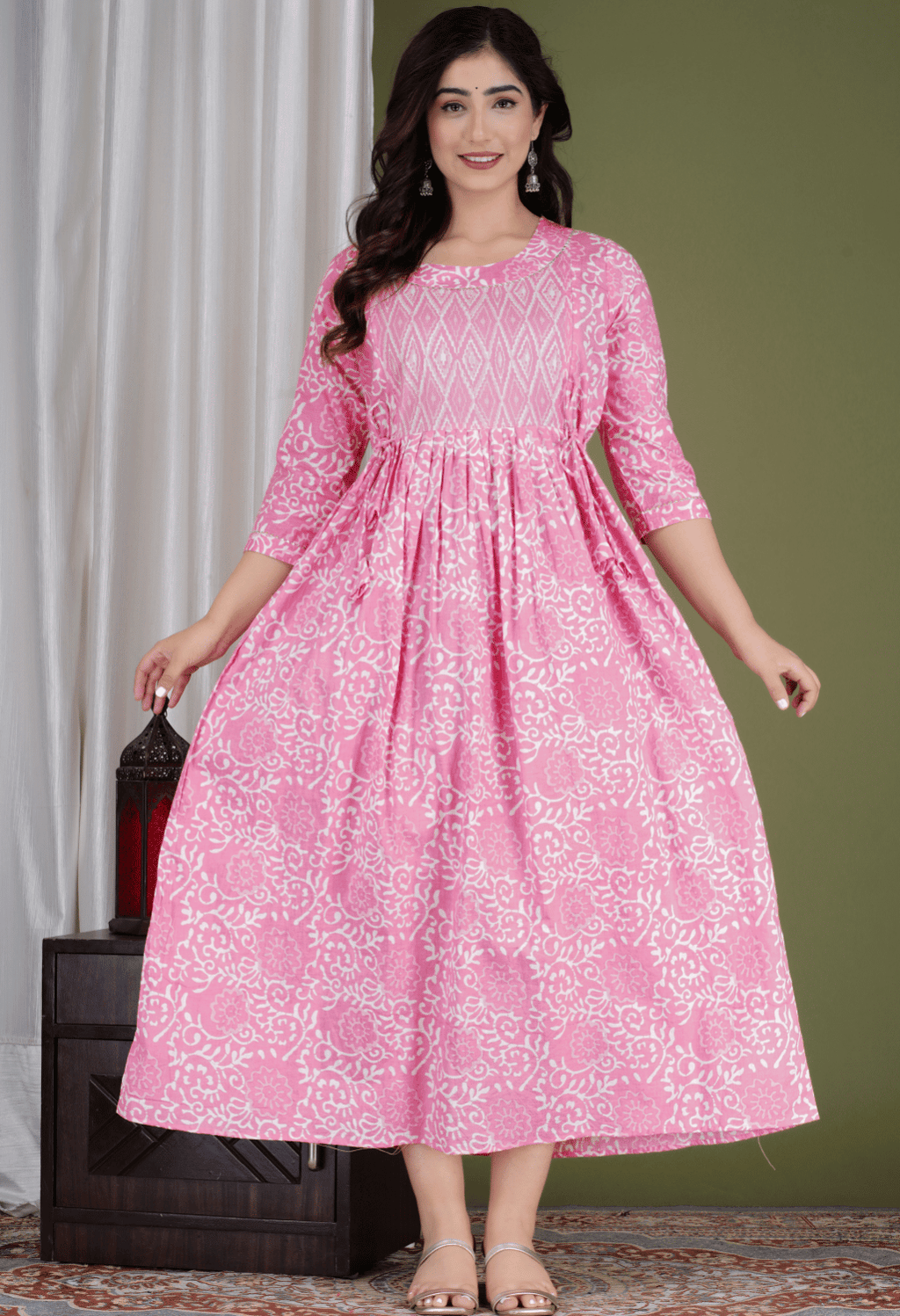 Pink & White Floral Printed Viscose Rayon Maternity & Feeding Midi Dress