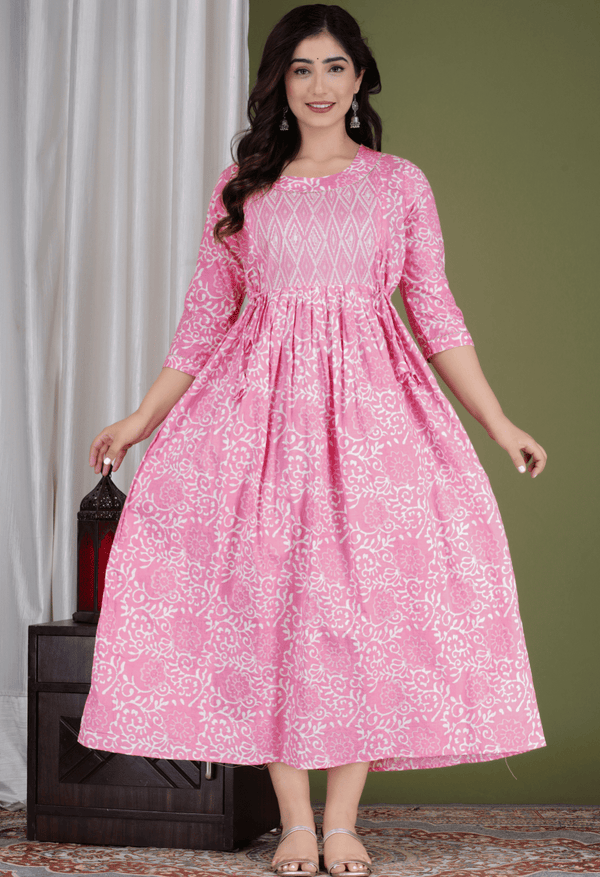 Pink & White Floral Printed Viscose Rayon Maternity & Feeding Midi Dress