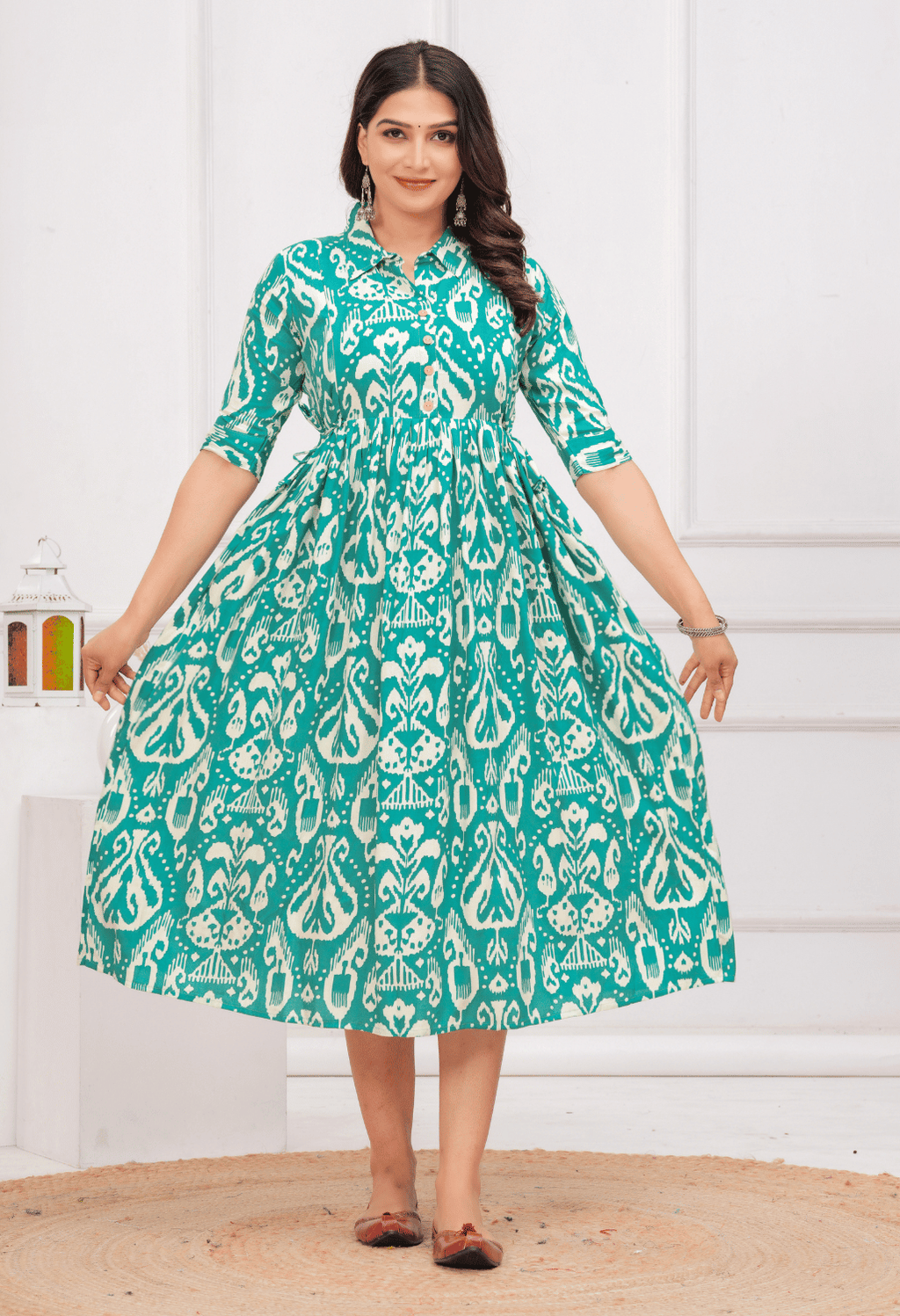 Teal Green Ikat Printed Collared Viscose Rayon Maternity & Feeding Midi Dress