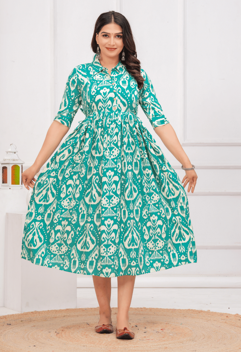 Teal Green Ikat Printed Collared Viscose Rayon Maternity & Feeding Midi Dress