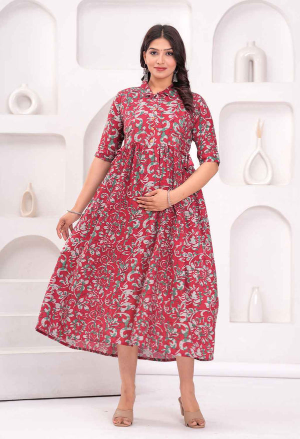 Rose Pink Floral Printed Collared Viscose Rayon Maternity & Feeding Midi Dress