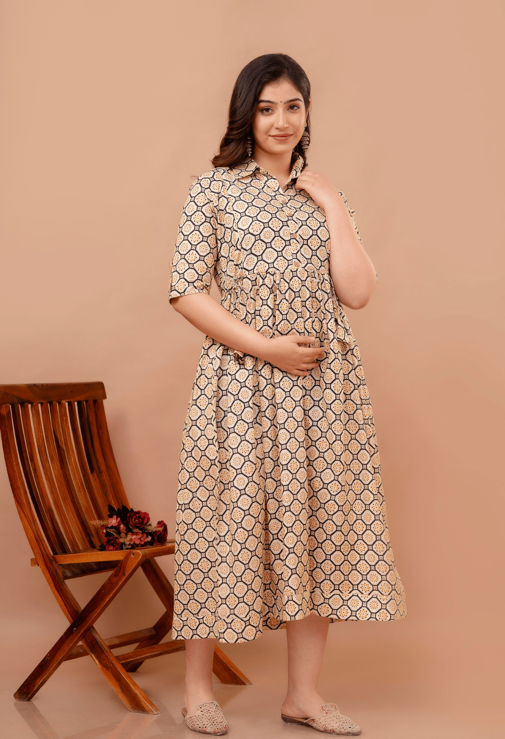 Beige Geometric Hexagon Printed Collared Viscose Rayon Maternity & Feeding Maxi Dress