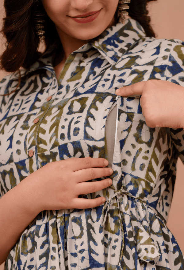 White Abstract Block Printed Collared Viscose Rayon Maternity & Feeding Maxi Dress