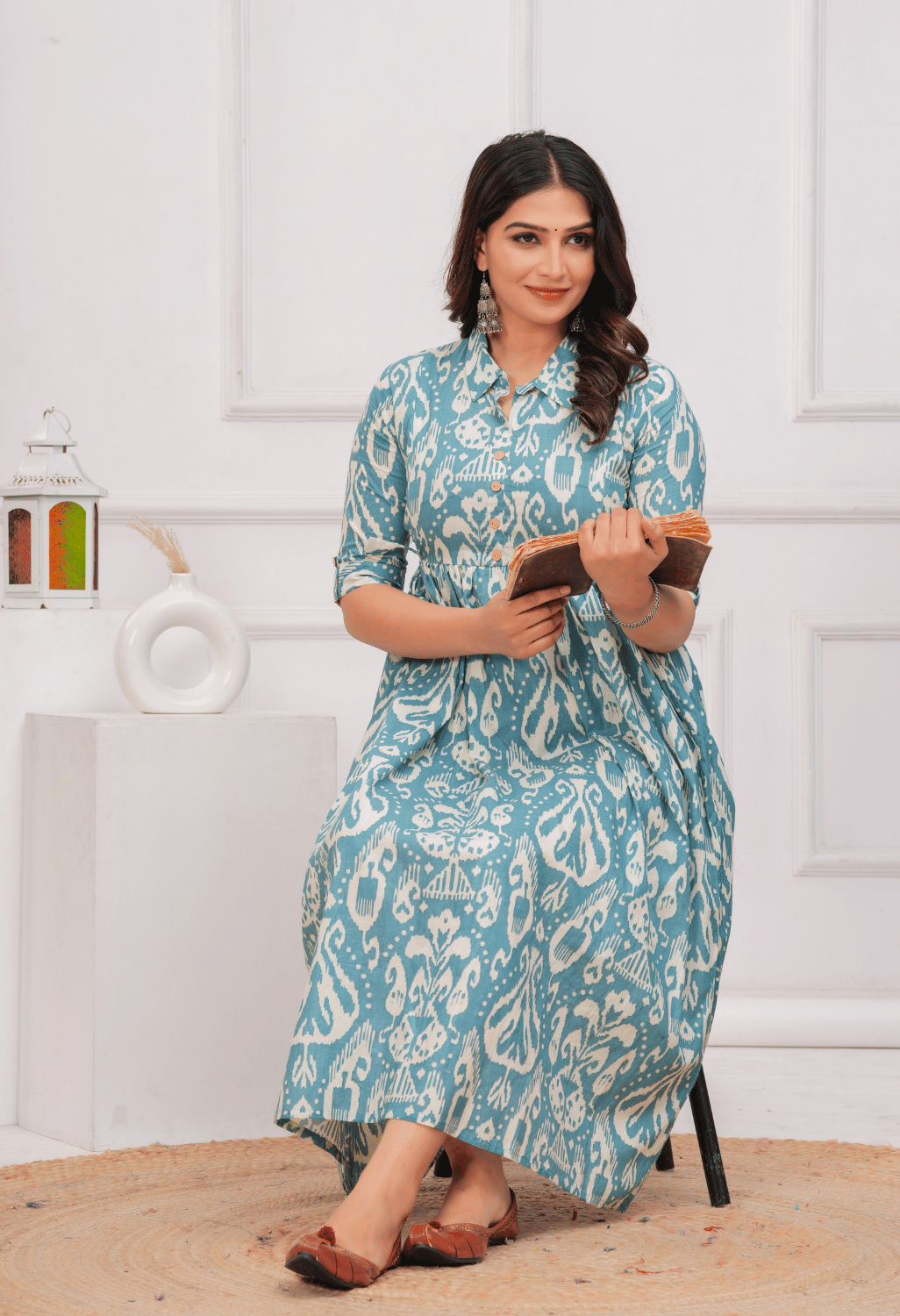 Sky Blue Ikat Printed Collared Viscose Rayon Maternity & Feeding Midi Dress