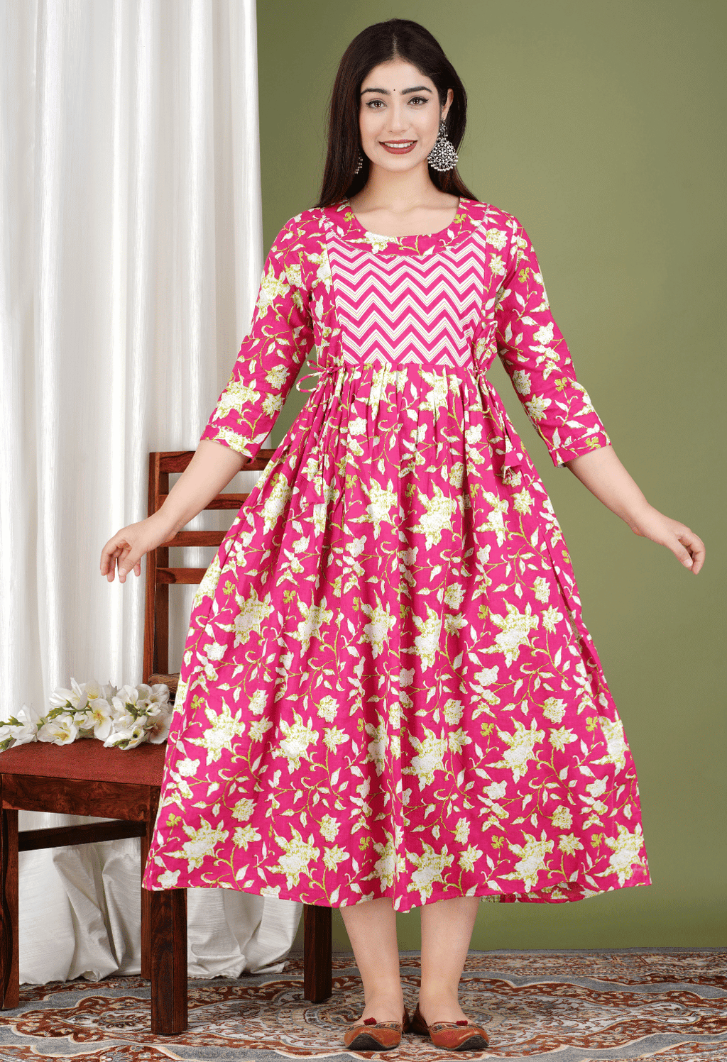 Pink Floral Printed Viscose Rayon Maternity & Feeding Midi Dress