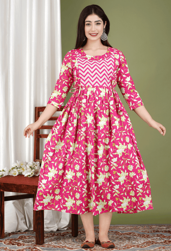Pink Floral Printed Viscose Rayon Maternity & Feeding Midi Dress