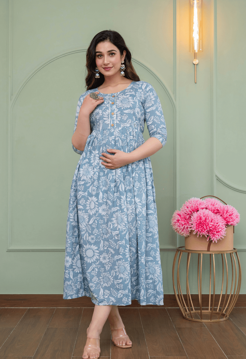 Grey Floral Printed Viscose Rayon Maternity & Feeding Maxi Dress
