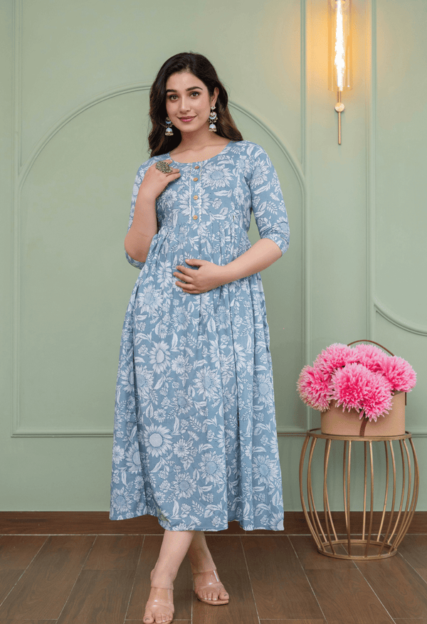 Grey Floral Printed Viscose Rayon Maternity & Feeding Maxi Dress