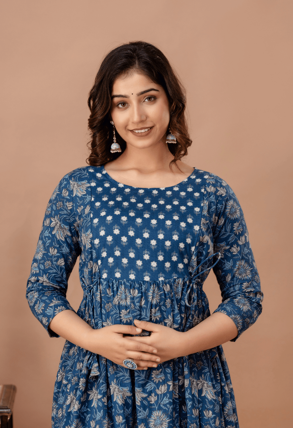 Dusty Blue Floral Printed Viscose Rayon Maternity & Feeding Maxi Dress
