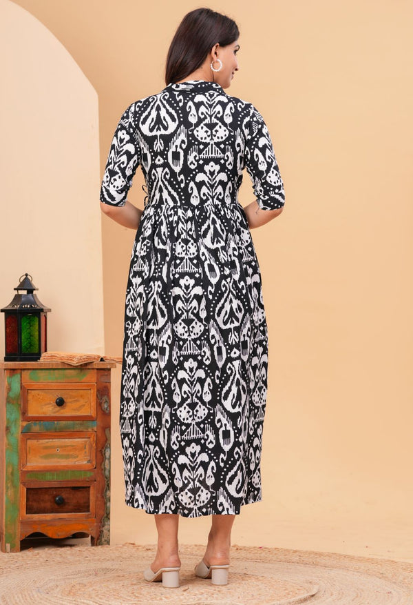 Black Ikat Printed Collared Viscose Rayon Maternity & Feeding Midi Dress