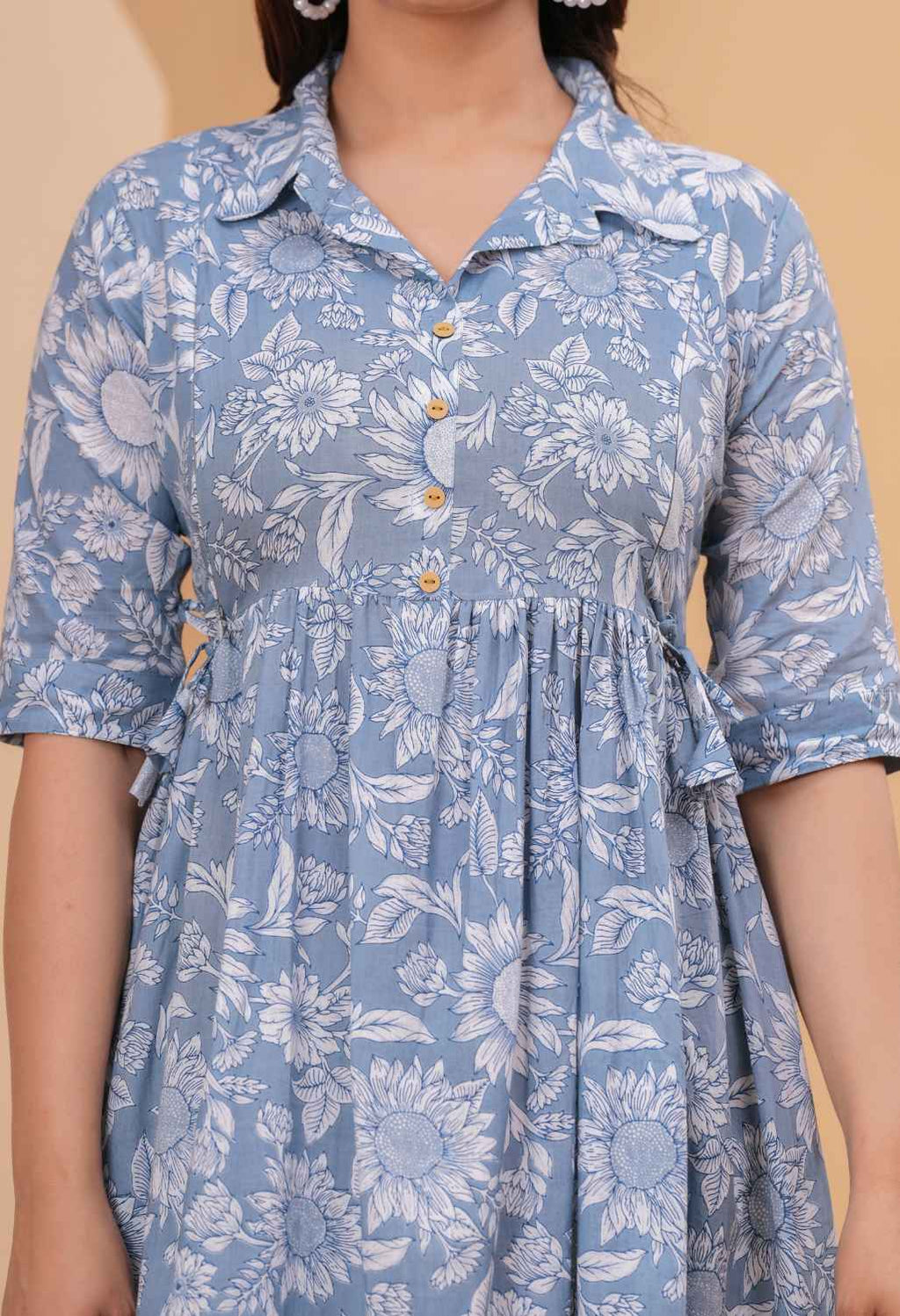 Bloom Mist Blue Floral Printed Collared Viscose Rayon Maternity & Feeding Midi Dress