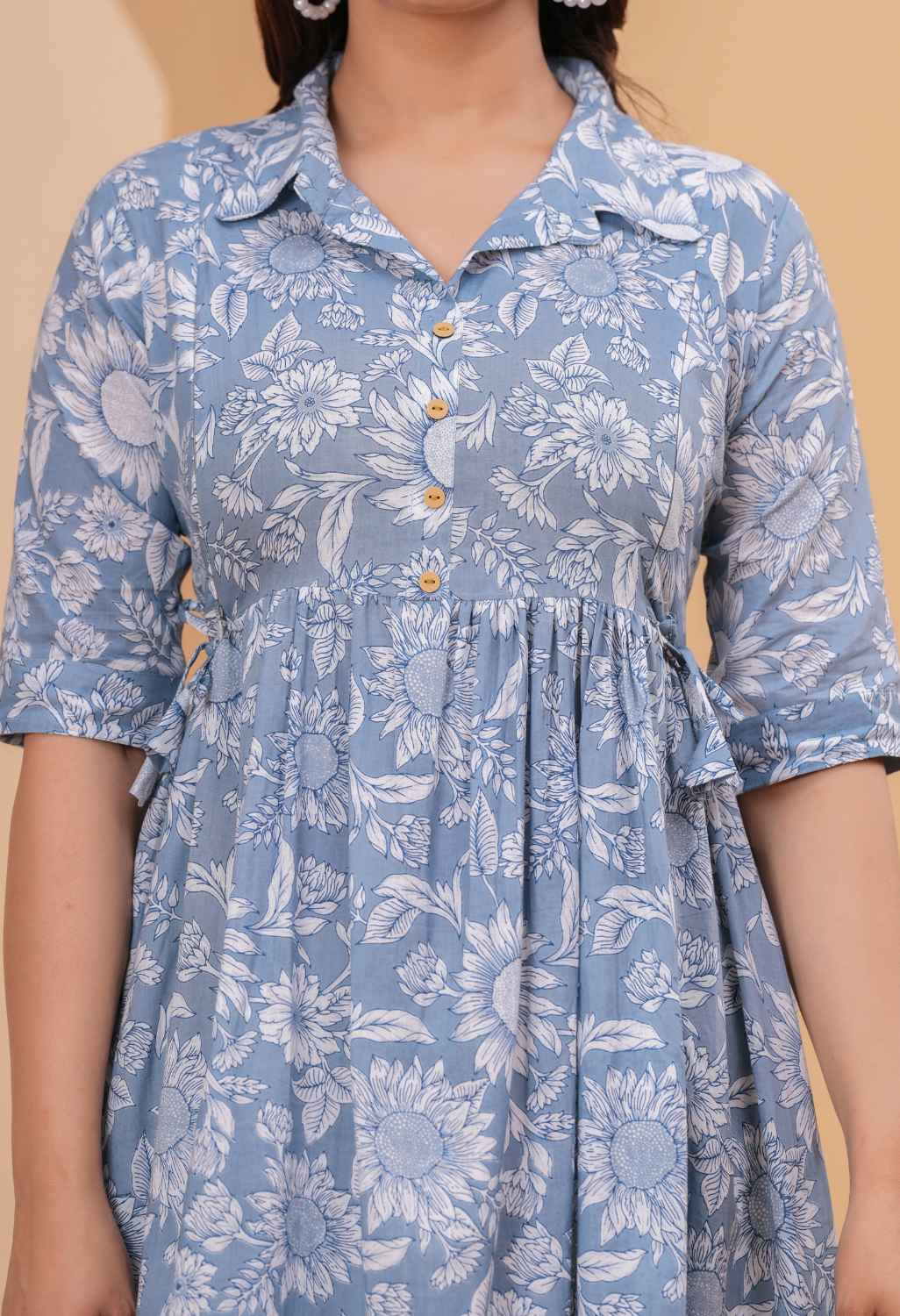 Bloom Mist Blue Floral Printed Collared Viscose Rayon Maternity & Feeding Midi Dress