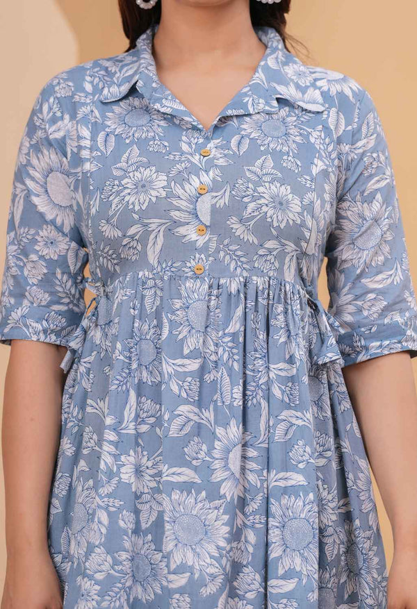 Bloom Mist Blue Floral Printed Collared Viscose Rayon Maternity & Feeding Midi Dress