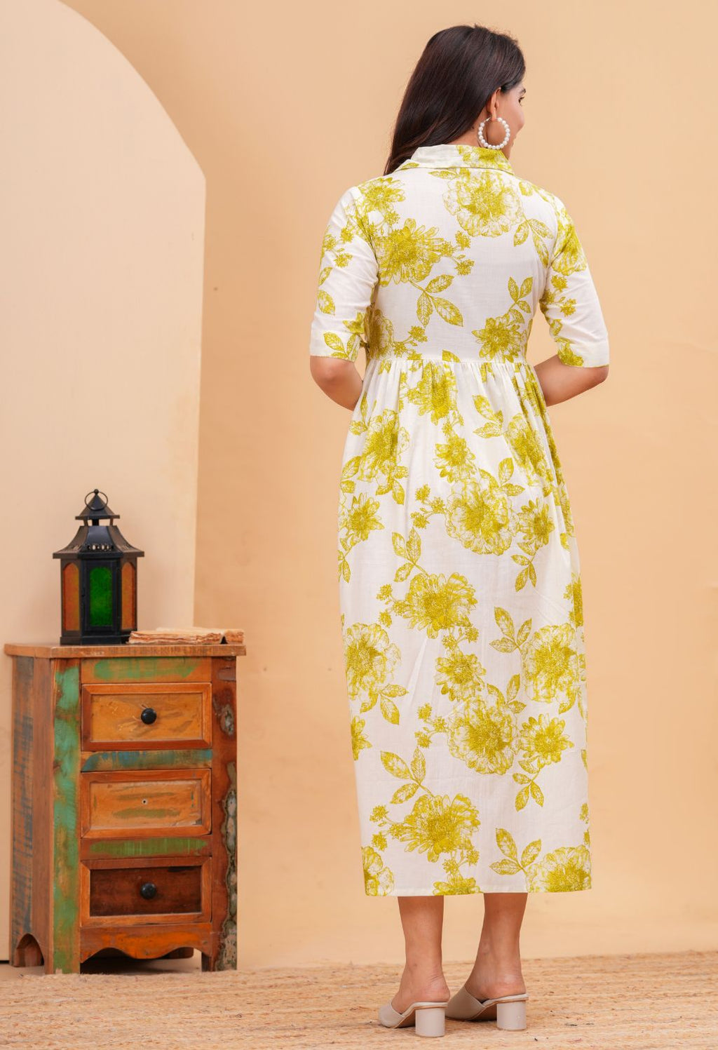 White & Mustard Floral Printed Collared Viscose Rayon Maternity & Feeding Midi Dress