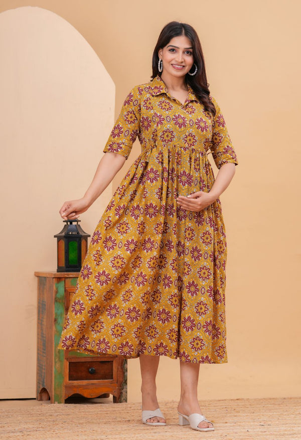 Mustard Ethnic Printed Collared Viscose Rayon Maternity & Feeding Midi Dress