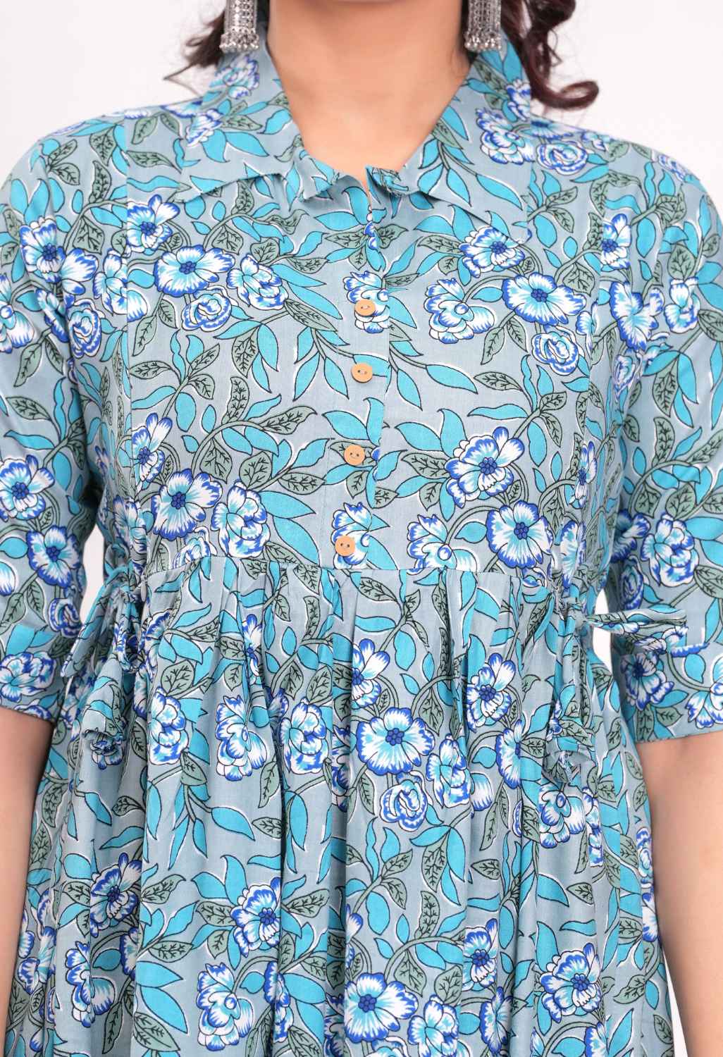 Sky Blue Floral Printed Collared Viscose Rayon Maternity & Feeding Midi Dress