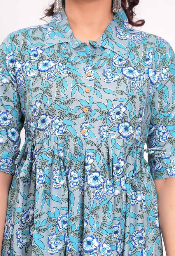 Sky Blue Floral Printed Collared Viscose Rayon Maternity & Feeding Midi Dress