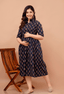 Navy Blue Buta Printed Collared Viscose Rayon Maternity & Feeding Midi Dress