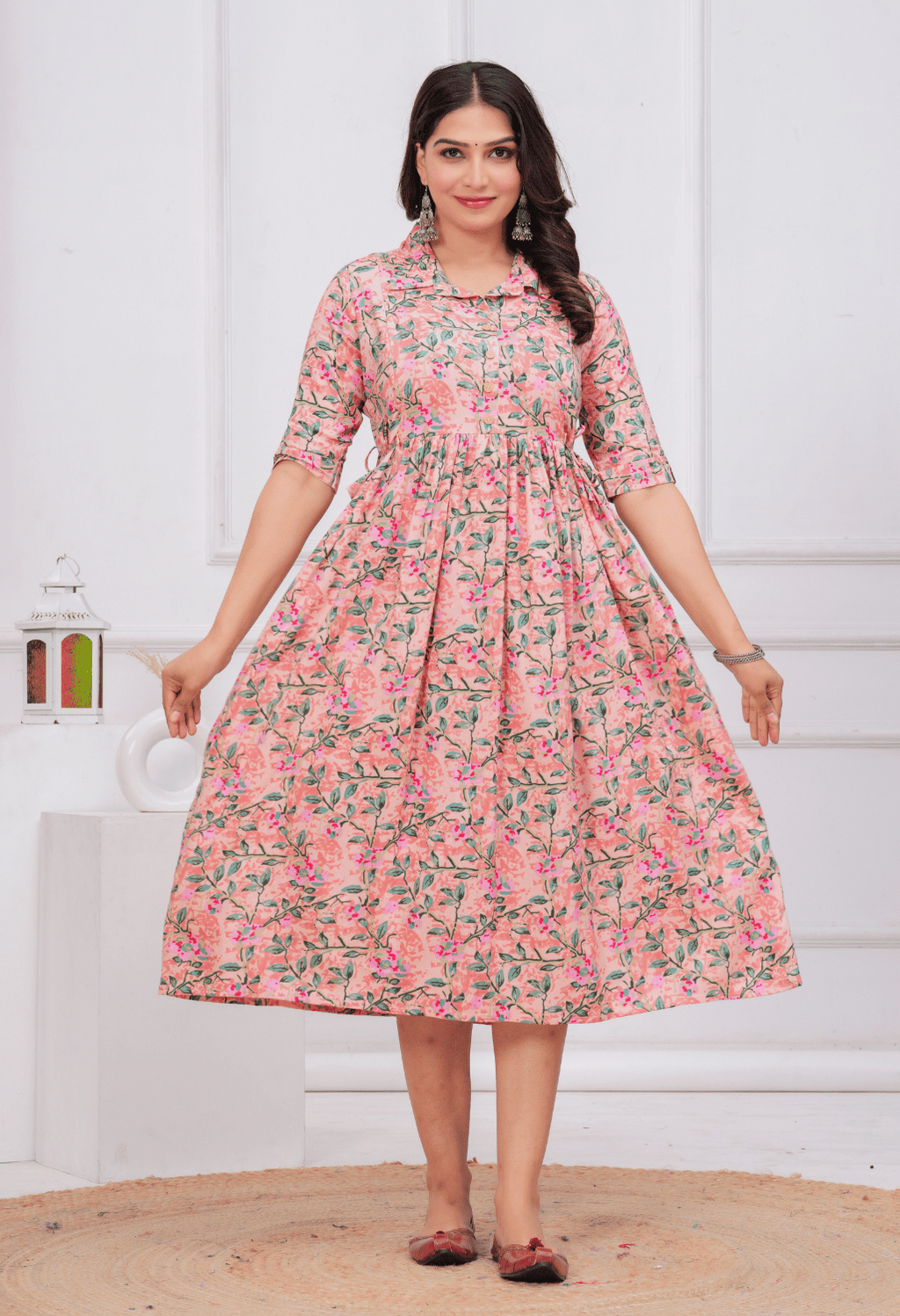 Peach Floral Printed Collared Viscose Rayon Maternity & Feeding Maxi Dress