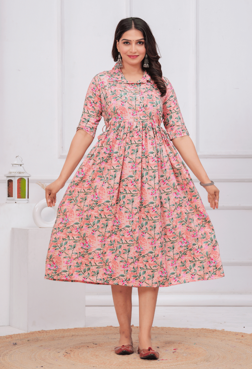 Peach Floral Printed Collared Viscose Rayon Maternity & Feeding Maxi Dress