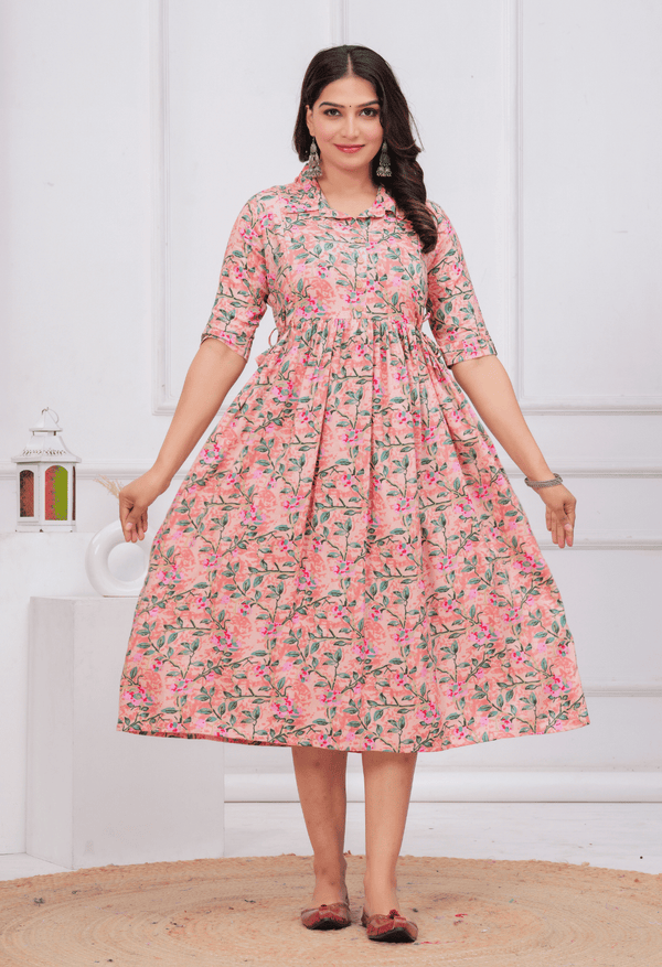Peach Floral Printed Collared Viscose Rayon Maternity & Feeding Maxi Dress