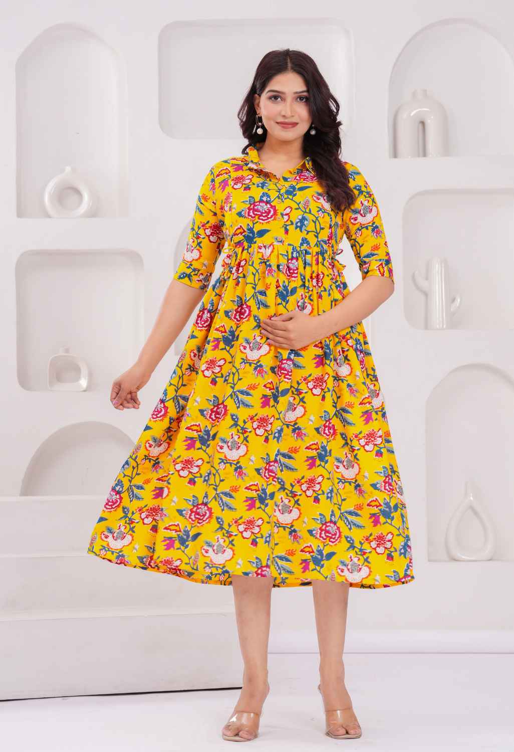 Mustard Yellow Floral Printed Collared Viscose Rayon Maternity & Feeding Midi Dress