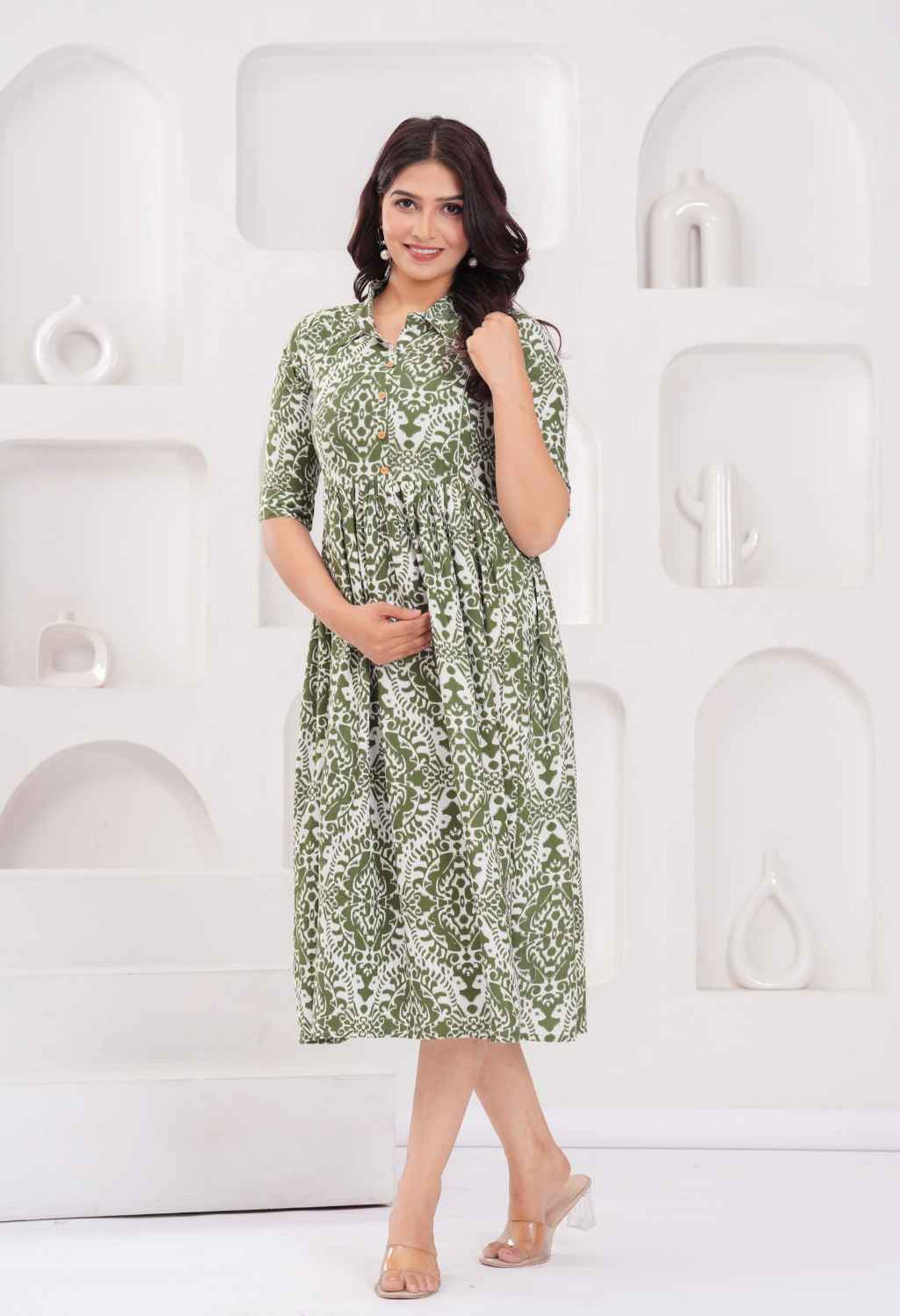 Olive Green Abstract Printed Collared Viscose Rayon Maternity & Feeding Midi Dress