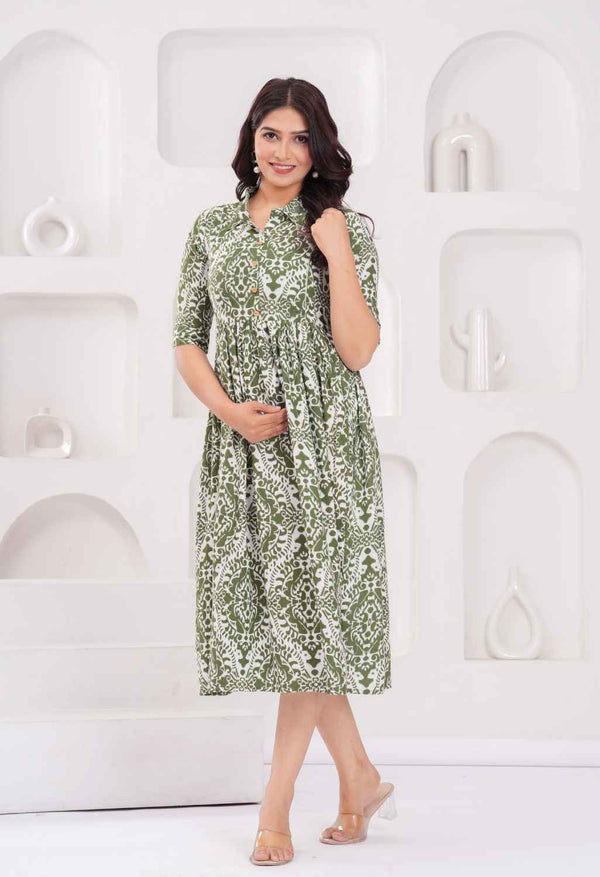 Olive Green Abstract Printed Collared Viscose Rayon Maternity & Feeding Midi Dress