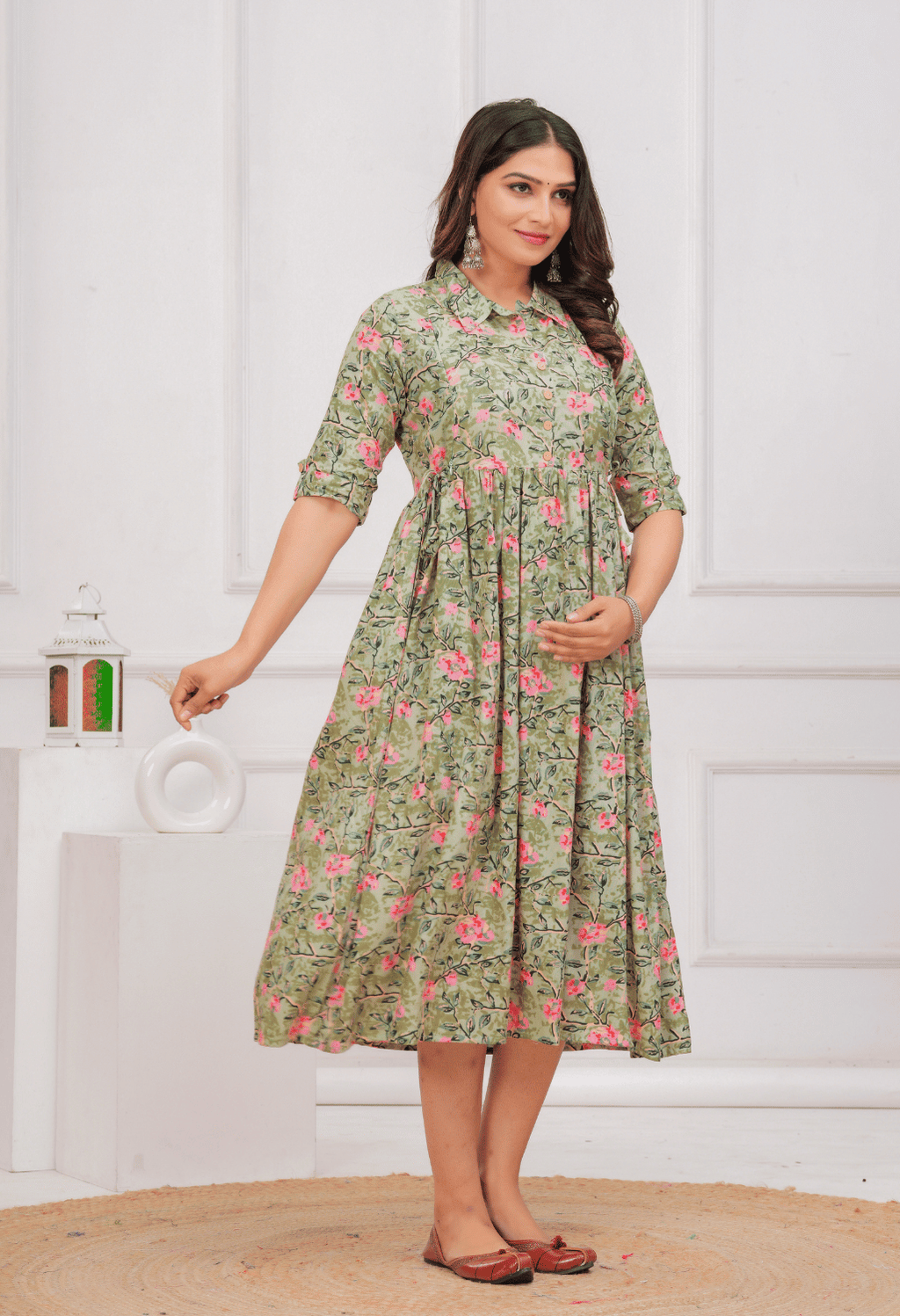 Olive Green Floral Printed Collared Viscose Rayon Maternity & Feeding Midi Dress