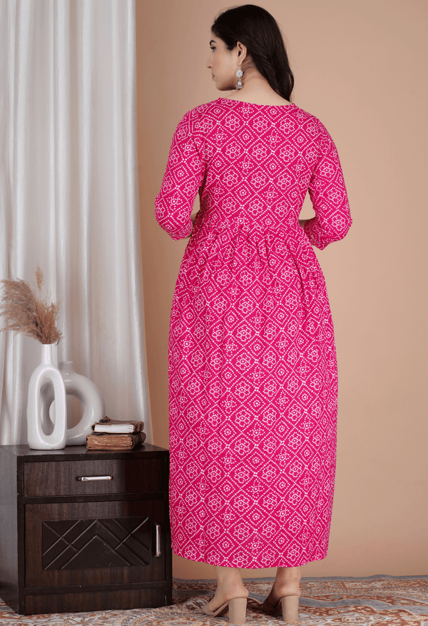 Pink Bandhani Printed Viscose Rayon Maternity & Feeding Maxi Dress