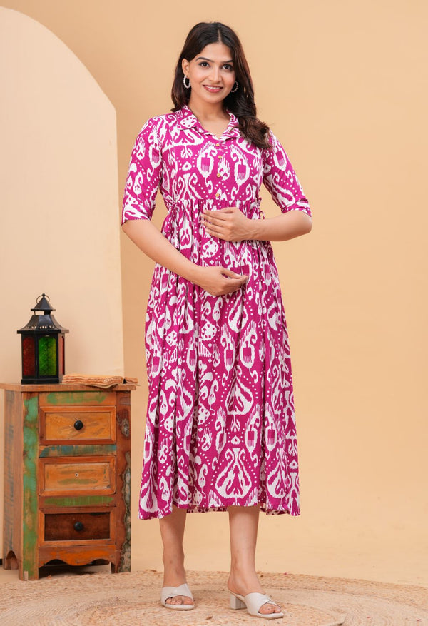 Pink Ikat Printed Collared Viscose Rayon Maternity & Feeding Midi Dress